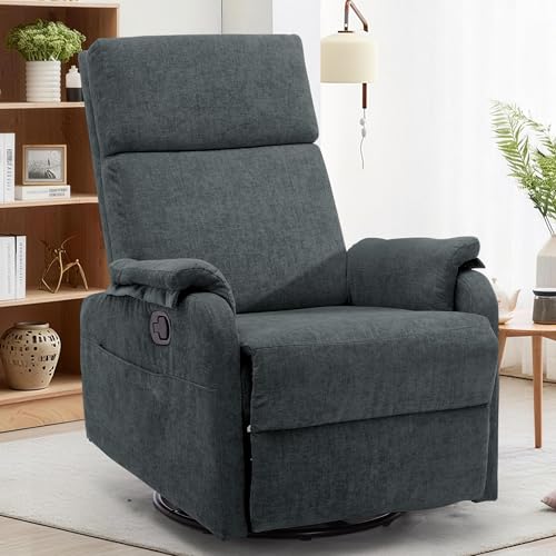 Image of Korser Recliner Chair, Swivel Rocking Recliner Chair for Adults, Glider Rocking Chair, Small Nursery Chair Recliner for Living Room, Reclining Chair with Modern-Designed Armrests,Chenille,Darkgrey