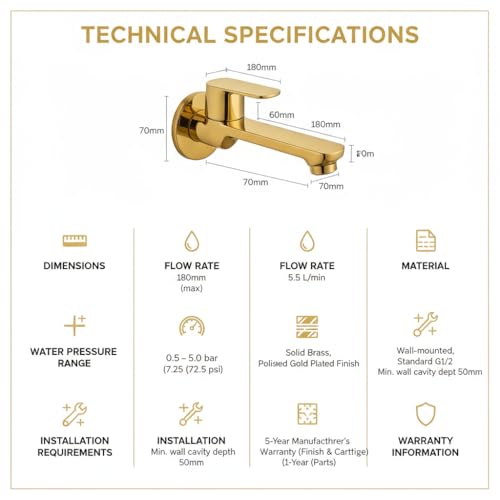Image of Luxury Gold Finish Wall Mounted Basin Tap - Single Lever Mixer, Modern Brass Faucet for Bathroom & Wash Basin, Contemporary Design, Durable & Rust Resistant, Easy Installation