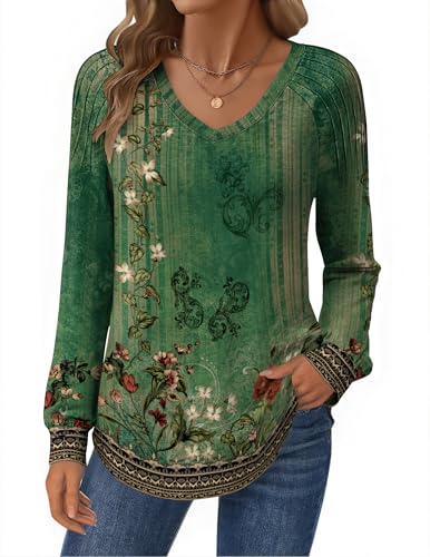 Zeagoo Women's Blouses Long Sleeve Fall Tunics Tops V Neck Loose Fit Shirts Floral Print Pleated Blouses Cute Outfit Blouse