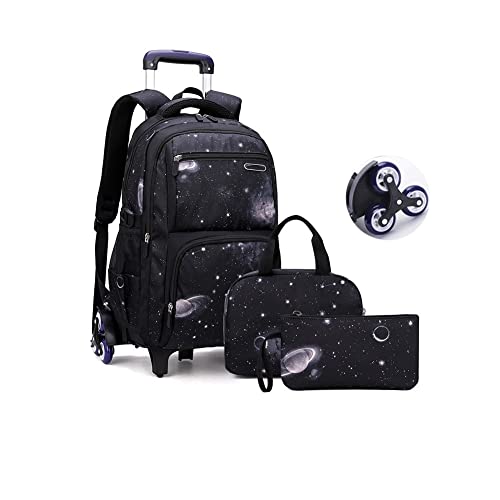 BOUACOUA Trolley Rucksäcke Jungen Schultaschen, Grundschule Trolley Rucksack mit Lunch Tasche Federmäppchen 3-teiliges Schultaschen-Sets für Kinder (Schwarz)