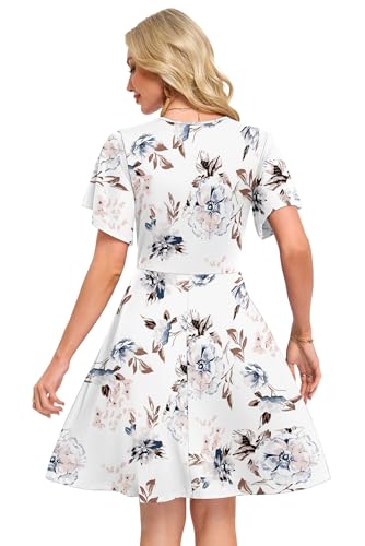 AUSELILY Damen Kleid Sommer Strandkleid Rüschenärmeln V-Ausschnitt Elastischer Taille und Taschen Swing Urlaubskleid Blume Weiß 3XL 4