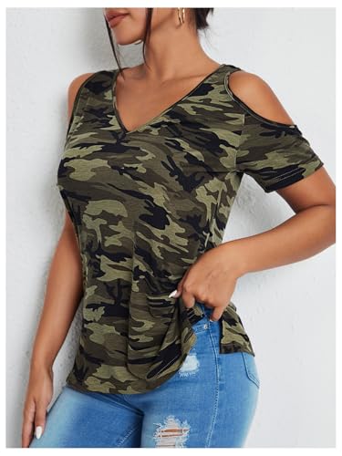 Women's Camo Cold Shoulder T Shirt V Neck Short Sleeve Slim Fit 2025 Summer Tee Tops2