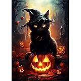 Lxmsja 5D Diamond Painting Schwarze Katze, Halloween Diamond Painting Erwachsene, Diamant Painting Bilder Erwachsene, Full DIY Diamant Kunst Malerei Stickerei Set Kreuzstich Bilder Home Dekor 30x40cm