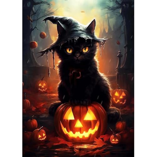 Lxmsja Halloween Diamond Painting Adulte, 5D Diamond Painting Chat Noir, Broderie Diamant Kit Complet, DIY Peinture Diamant Strass Point de Croix Cristal...