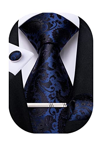 Image of DiBanGu Paisley Ties for Men Silk Necktie and Pocket Square Cufflinks Tie Clip Set Woven Classic Mens Tie for Wedding Party