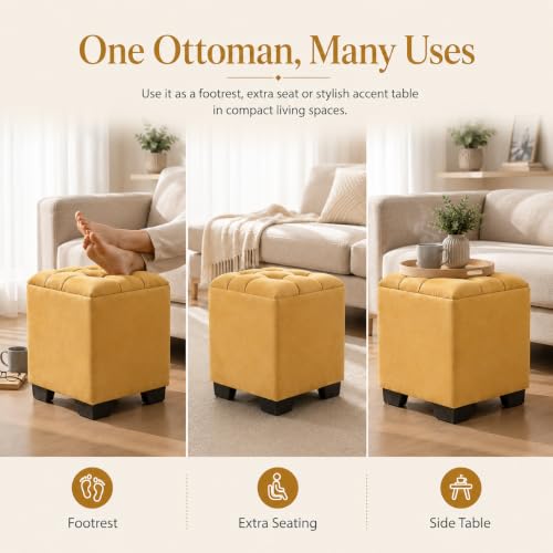 Image of Velvet Cube Ottoman | Seating Stool for Living Room | Soft Cushioned Footrest Stool with Durable Plastic Legs | Multipurpose Seating, Side Table & Pouffe Home Decor, 12x12x14 inch (Yellow)