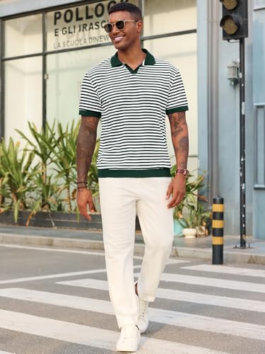 Camiseta polo tejida para hombre de Runcati, manga corta con cuello en V y rayas, ideal para golf y uso casual en verano miniatura 5