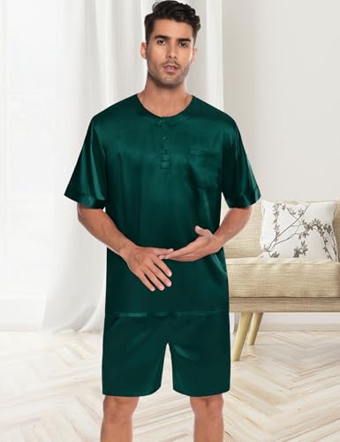 SWOMOG Men Satin Pajamas Set Short Sleeve Silk Sleepwear Button Down 2 Piece Loungewear with Pockets4