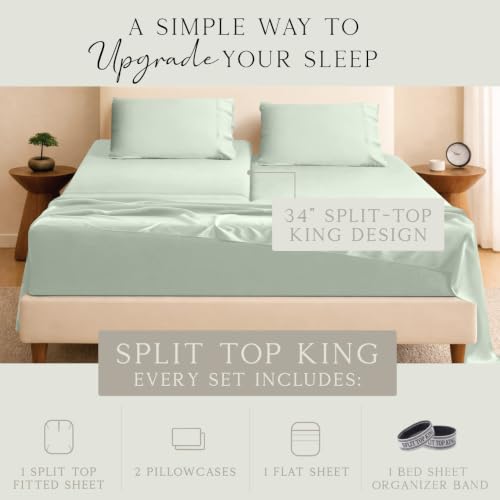 Image of KARISSA MAE Bamboo Viscose 34 inch Split Top King Size Sheet Set, FSC Certified | Single 34 inch Split Fitted Sheet | Sleep Number & Adjustable Bed | Cooling | 18 inch Deep Pocket w / Corner Straps [Sea Glass]
