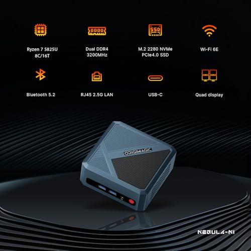origimagic N1 Mini PC,con Ryzen 7 5825U Processore(8C/16T,fino a 4.5GHz),32GB RAM DDR4,1TB NVMe SSD,Mini PC Gaming Doppio HDMI/WiFi6/BT 5.2/2.5G LAN/WOL/Auto Power On