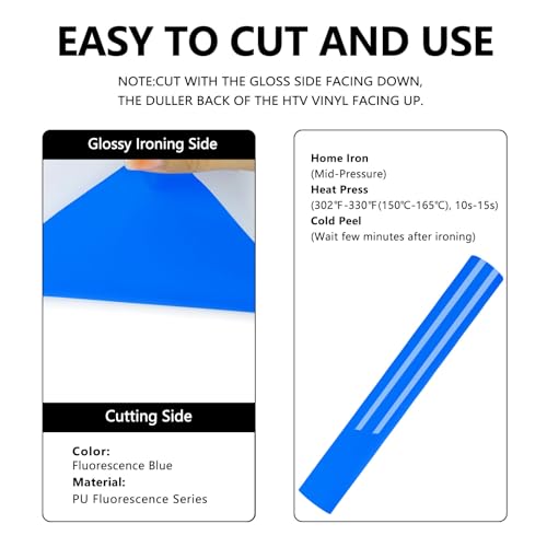 Image of FUNKAKA Fluorescent Blue HTV Heat Transfer Vinyl Rolls, 12 inch x 10ft Neon Blue Iron on Vinyl for All Cutter Machines PU Stretchy HTV Vinyl for T-Shirt Easy to Cut & Weed for Heat Transfer Design