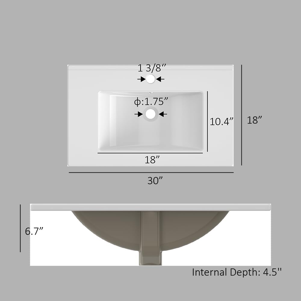 30'' Vanity Sink Top,Bathroom Undermount Ceramic Sink Top W/One Hole, Rectangular Porcelain Sink Basin,Overflow Drain,White