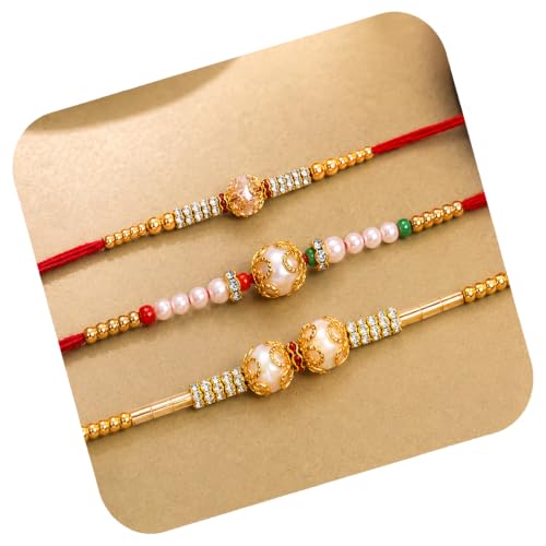 Image of Peora CZ Pearl & Crystals Studded Thread Rakhi for Brother Bhaiya | Combo Set of 3 | Raksha Bandhan Hamper with Roli Chawal & Greeting Card