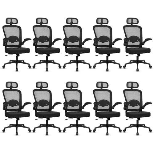 Image of KLASIKA Desk Chairs with Wheels, Ergonomic Mesh Back Home Office Chair with Headrest, Adjustable Lumbar Support Swivel Rolling Computer Chairs Flip Up Arms for Conference Meeting Room, Black, 10PK