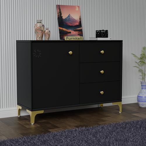 Image of Wooden Sideboard Cabinet for Living Room | Side Board Crockery Cabinet with 1 Door & 3 Drawers Storage for Dining, Drawing and Home Office | HDMR Premium Wood & Iron, Forest Green