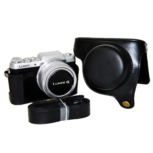First2Savvv Xjpt-Ddgf7-A01 Black Full Body Precise Fit Pu Leather Digital Camera Case Bag Cover With Should Strap For Panasonic Lumix Dmc Gf7 Gf8 With 12-32Mm Lens + Mini Tripod #TOP3