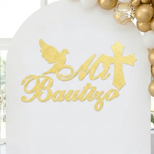 Mi Bautizo Sign for Backdrop Decor - Mi Bautizo Baby Baptism Religious Decal Decorations Comunin Party Backdrop Sign God Bless First Holy Communion Party Wall Removable & Felt Glitter Gold