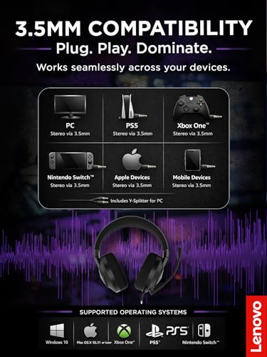 Image of Lenovo H210 Wired Gaming Headset - 3.5mm Connection, Flip-to-Mute Noise-Cancelling Microphone, Breathable Ear Cups - Black