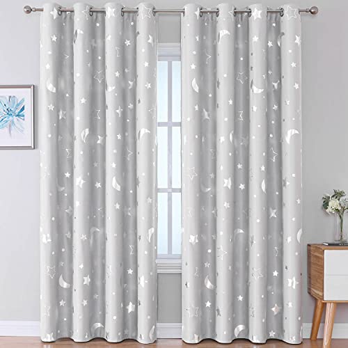 WUBODTI Cortinas para niños de 84 pulgadas de largo, juego de 2 paneles, oscurecimiento de la habitación, estrella y luna plateadas, cortinas semiopacas con ojales para dormitorio de niños, sala de
