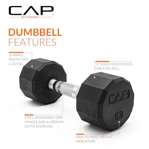 Image of CAP Rubber Coated Dumbbell Weights, Free Weights for Home Gym Strength Training, Anti-Roll Hex Dumbbells with Black, Chrome & Comfort Grip Handles, Singles
