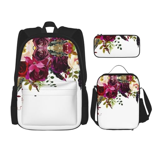 Lot de 3 sacs à dos d'écolier avec boîte à déjeuner roses sauvages noir