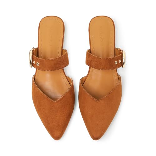 Meknitva Pointed Toe Mules for Women Adjustable Strap Backless Loafers in Synthetic Suede Dressy Casual Slip-On Flats Brown 8