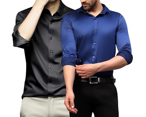 Image of DEELMO Combo of Men's Stylish Solid Satin Casual Shirt for Men Full Sleeves| Poly Satin Silk Shirt Pack of 2