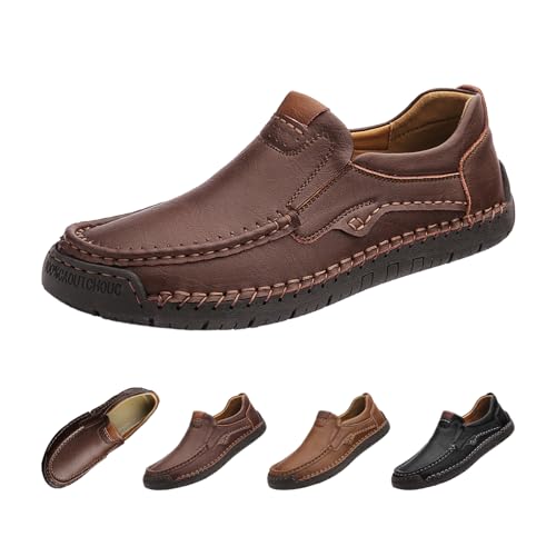 Men's Leather Slip-On Driving Loafers,Trendy Comfortable Hand-Stitching Elastic Non-Slip Flat Dress Casual Shoes