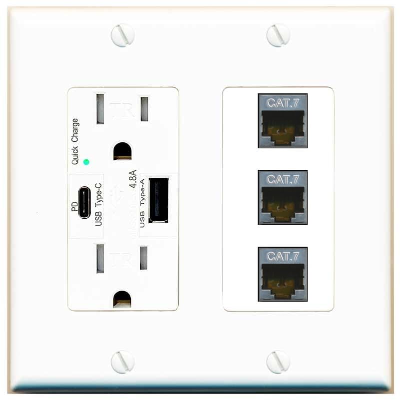 RiteAV 3 Port Cat7 Shielded Ethernet Wall Plate - USB A+C Outlet [White]