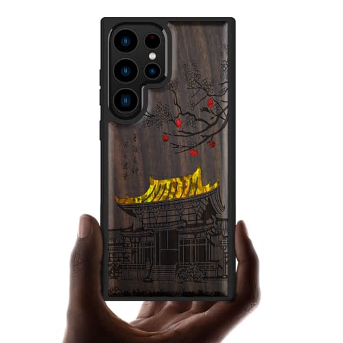 Etui Samsung S23 Ultra coque bois sombre gravure temple et incrustation coquille nacre unique