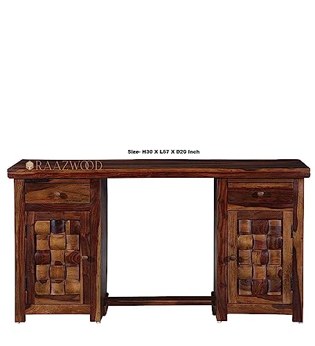 Image of Sheesham Wood Wooden Simple Office Cum Computer Table with Three Drawer and Single Door Cabinet with Leg and Keyboard Support in Natural Honey in Matte Polished Desk