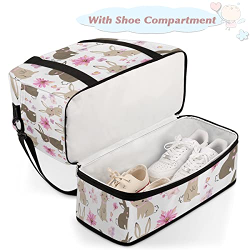 Travel Duffel Bag Cute Flower Bunny Rabbit Sport Gym Bag for Woman Man,Waterproof Foldable Weekend Overnight Bag for Yoga Workout Training with Shoe Compartment4