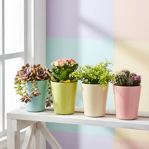 Image of Xtore Contemporary Matte Ceramic Planter Set of 4 for Indoor Plants | Minimalist Colorful Flower Pots for Desk, Shelf & Home Decor Styling (Pack of 4, Planter only)