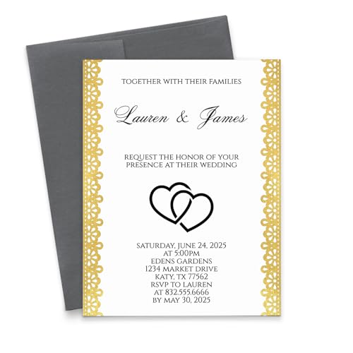 Personalized Gold Lace Wedding Invitations with Envelopes, Black and Gold Wedding Invitation Personalized Lace Invites, Elegant Marriage Invite, Your choice of Quantity and Envelope Color
