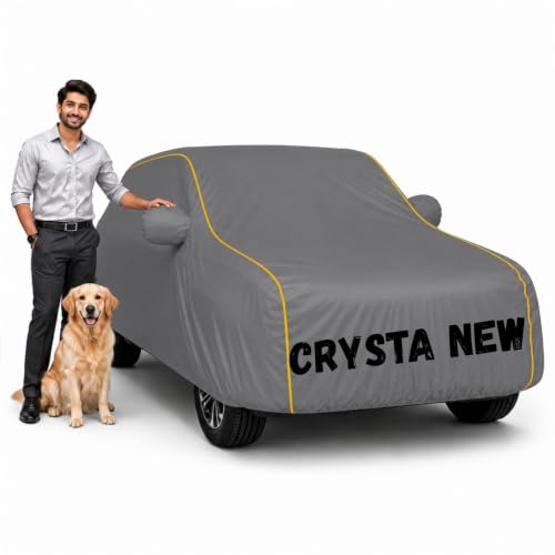 Image of Waterproof Car Cover for Crysta New | Soft Cotton Lining Heavy Duty Triple Stitched Heat Resistant Outdoor Cover Comes with Mirror and Antenna Pocket Full Bottom Elastic (Zig Zag Grey)