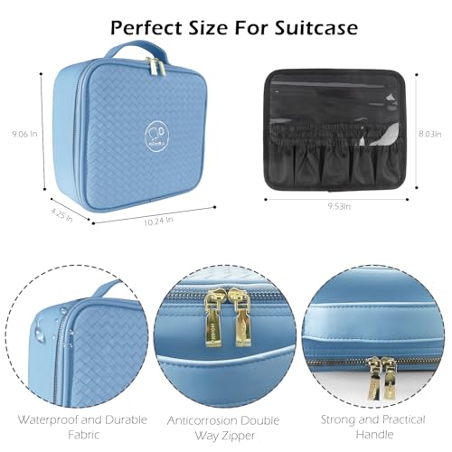 Image of MOMIRA Travel Makeup Bag Cosmetic Bag Makeup Organizer Bag with Lighted Mirror, Adjustable Brightness in 3 Color Scenarios, Waterproof Makeup Train Case, Gift for Women - Classic Blue(Woven)