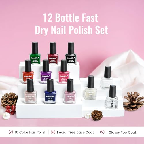 OpenLive 12 PCS Nail Polish Set With 10 Colour Combo, 2 PCS Base And Top Coat,Fast Drying Nail Polish For Home DIY And Beginners.