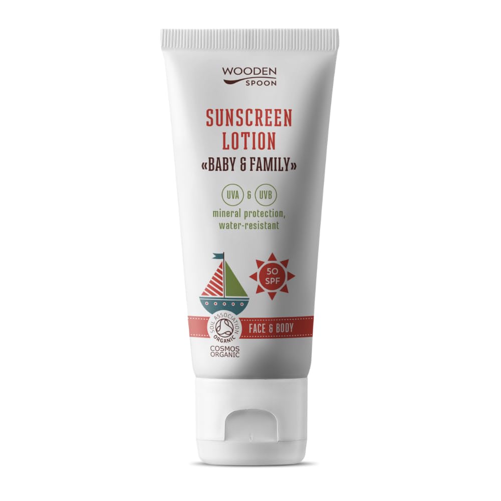 Wooden Spoon Organic Certified Sunscreen Lotion "Baby & Family" 50SPF 100% Mineral Filter, 100 ml (Pack of 1)