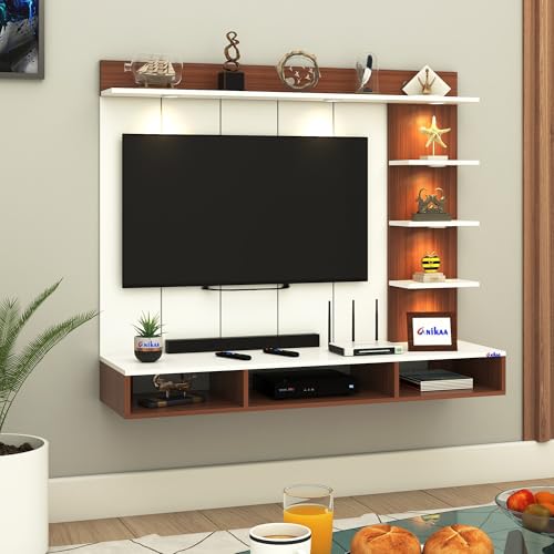 Image of Anikaa Tyron Engineered Wood Wall-Mount TV Unit with PVC Back Panel & LED Lights | TV Cabinet with Storage Box & Decorative Shelves (Walnut /White) | Ideal for TVs up to 43 Inch | DIY Installation