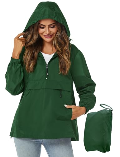 Avoogue Womens Windbreaker Jacket With Hood Packable Hooded Rain Jacket Pullover Dark Green M