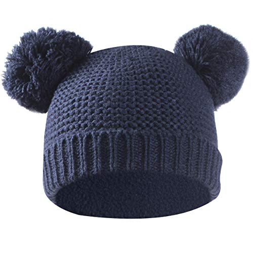 ENCOM Winter Newborn Hats,Baby Beanie Infant Boys Girls Baby Hats 0-6 Months Cute Bear Pom Pom Toddler Warm Beanies Kids Knit Caps Infant Pom Poms for Hats Large Steel Blue