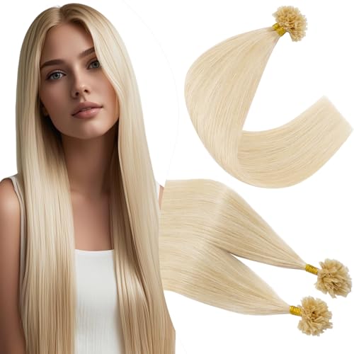 Elailite Extension Cheveux Naturel Keratine 100 Mèches 50g - Rajout Cheveux Humain Pose a Chaud (#60 BLOND PLATINE, 35 cm)