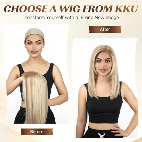 Image of KKU 100% Human Hair Wigs for Women,Real Human Hair Wigs,Side Swept Bangs Lace Front Wig(16 Inch,Ombre Blonde Brown)