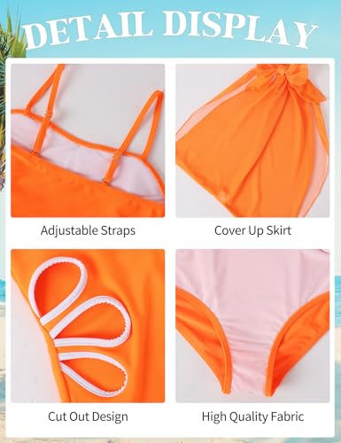 Image of Arssm Girls One Piece Swimsuits Teen Girl Swimsuit Cut Out Bathing Suit with Cover Up Skirt Swimwear 7-16Y