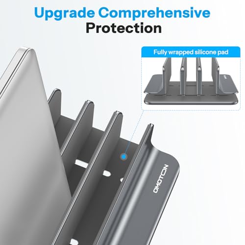 Image of OMOTON Vertical Laptop Stand [Updated 3-Slots Version], Desktop Aluminum Mac Book Stand with Adjustable Dock Size, Fits All Mac Book, Surface, Chrome Book and Gaming Laptops (Up to 17.3 inch), Grey