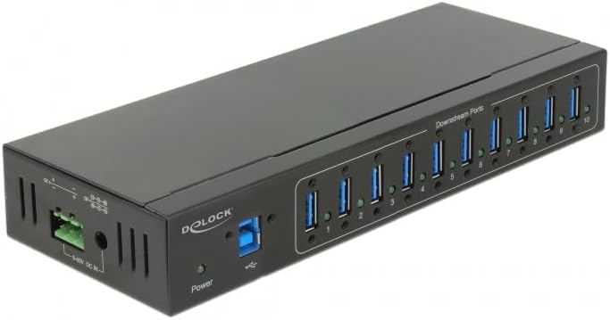 Delock External Industry Hub 10 x USB 3.0 Type-A with 20 KV ESD Protection - Hub - 10 x SuperSpeed USB 3.0 - DIN Rail Mountable - Wall Mountable - DC, Black