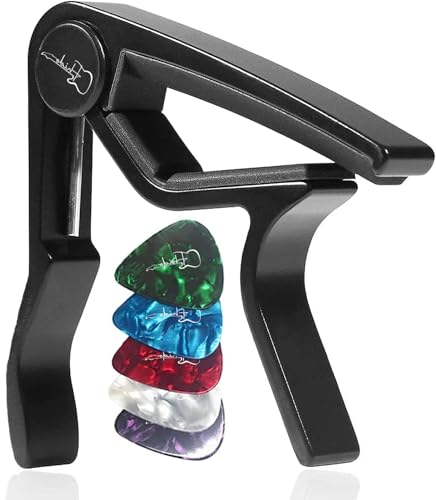 FHIDO Cejilla de Guitarra para Electrica Acústica Folk Ukelele Bajo Guitar Aleación de Aluminio Guitar Capo con 5 Púas de Guitarra