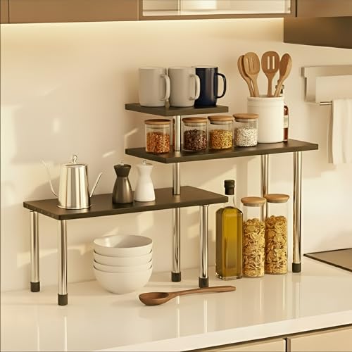 Image of ABJA Stylish Heavy Duty Kitchen Organizer Rack Stand, Corner Shelf for Kitchen, Bathroom & Office, Counter top organizer, 3 Tier Spice rack organiser (ABS Plastic with Stainless Steel Legs, Black)