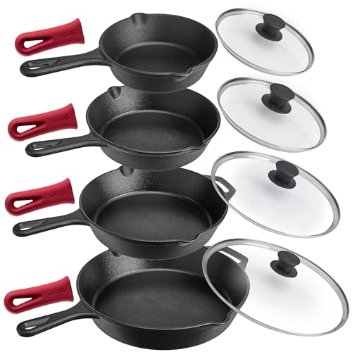 Cuisinel Gusseisen-Pfannen-Set, 15,2 cm + 20,3 cm + 25,4 cm + 30,5 cm + Glasdeckel + Silikon-Griff-Halter-Abdeckgriffe – voreingebrannte Bratpfanne – Ofen-Kochgeschirr – Verwendung im Innen- und