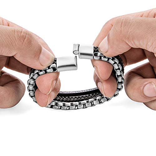 Image of Men's Leather and Steel Chain Bracelet with Clasp